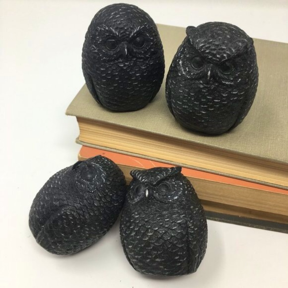 Four Black Owls Halloween Decor Dark Academia Gothic Distressed Resin Figurines